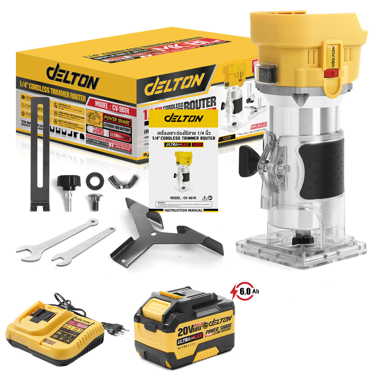 ทริมเมอร์ไร้สาย (พร้อมแบตเตอรี่) DELTON รุ่น CV-901R ULTRAFLEX 20V 6AH_1